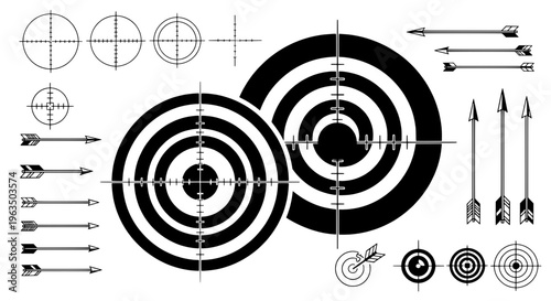 Arrows and targets set with black and white illustrations, featuring various arrow designs and bullseye targets.