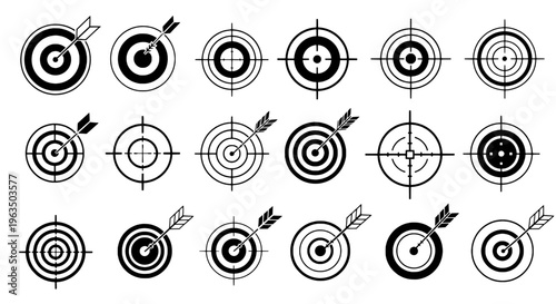 Targets archery set with black and white bullseye designs and arrows hit marks featuring target practice, shooting range, arrow icons with vector