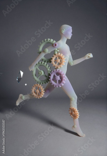 Translucent pastel humanoid figure strides across studio floor with mechanical gears embedded in limbs while a shattered crystal fragment floats nearby.