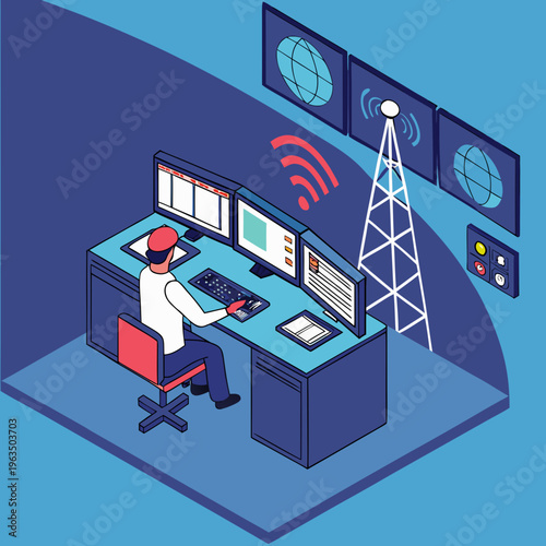 A man in a red hat sits at a computer workstation with multiple monitors and a radio tower nearby