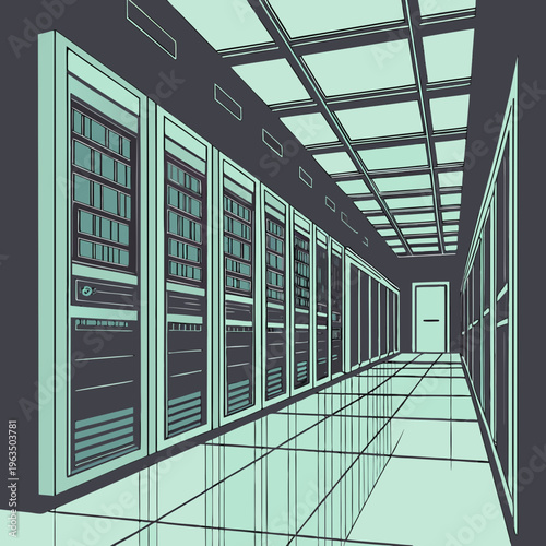 A vector graphic illustration of a modern server room with rows of computer servers and a sleek, minimalist design