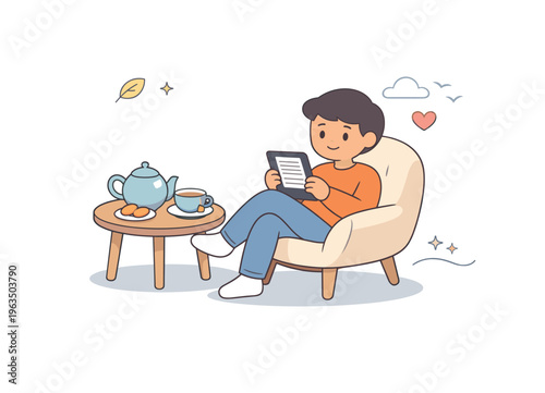 Cozy person relaxing in armchair reading an e-book with tea and cookies