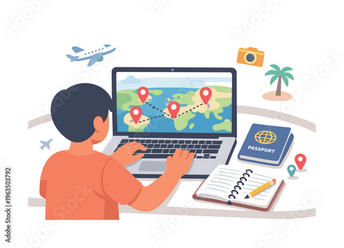 Planning a trip online with a laptop, passport, and travel map