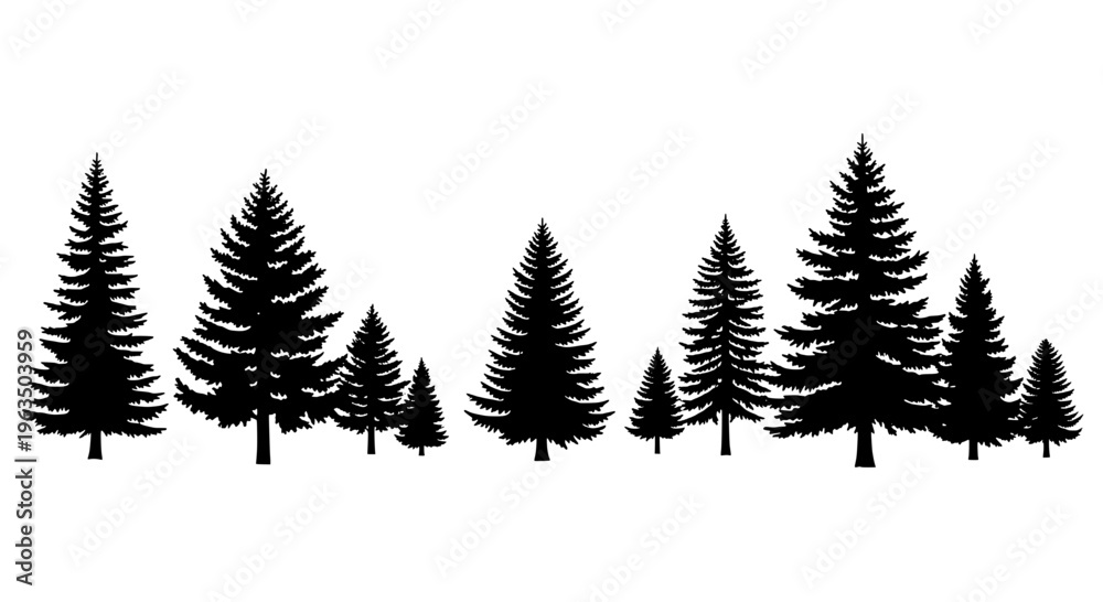 Obraz premium Trees pine forest with black silhouette on white background for nature scenes featuring tree silhouettes, landscape, tree line with tree collection