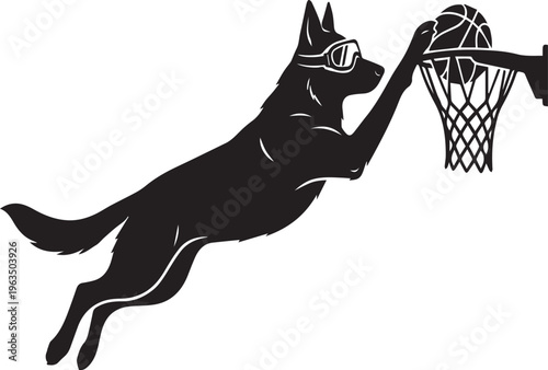 German Shepherd Basketball Dunk with Goggles Vector Silhouettes