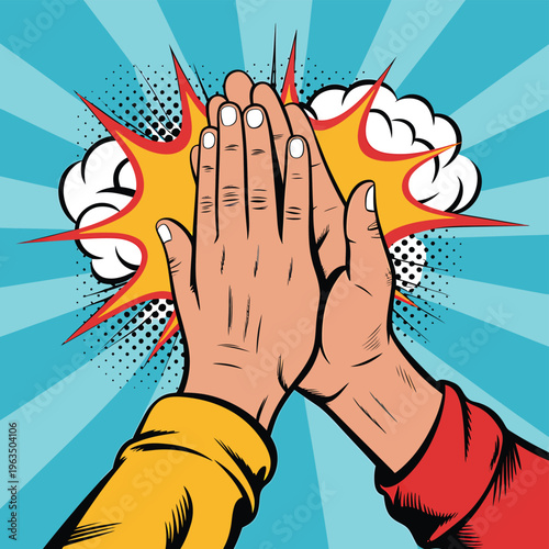 Pop art hands giving high five with explosion and comic book background for greeting celebration.