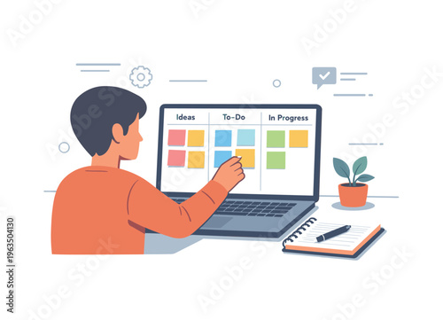 Person using a digital Kanban board on a laptop for project management and task tracking