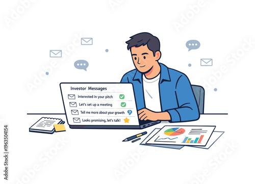 Young entrepreneur reviewing investor messages and growth charts on laptop