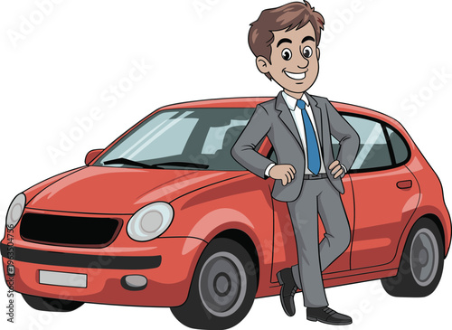 Professional cartoon businessman in gray suit leaning against a red hatchback car smiling and posing for automotive sales concept