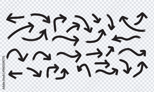 Hand Drawn Black Brush Arrows Set Isolated on Transparent Background, Sketch Directional Arrow Collection