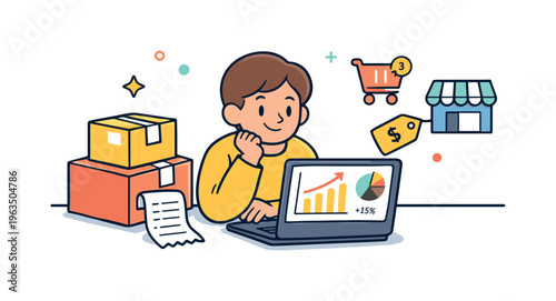 Person analyzing online sales data on a laptop with shopping cart and store icons