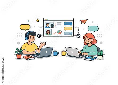 Two people collaborating remotely on laptops with a video conference screen showing communication