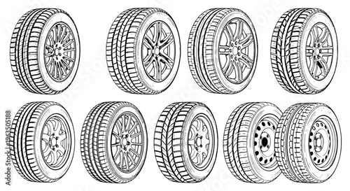 Tires car wheel set with various designs and patterns featuring vehicle wheels, automotive, transportation with wheels and vehicle parts elements for