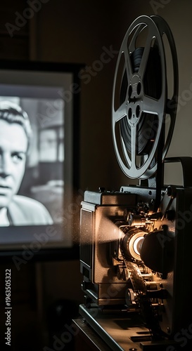Vintage Film Projector Displaying Classic Movie Scene.