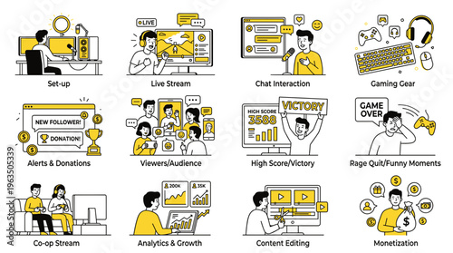A collection of illustrations depicting elements of a game streamer's setup, live broadcast, viewer engagement, and monetization strategies, perfect for tech and gaming content.