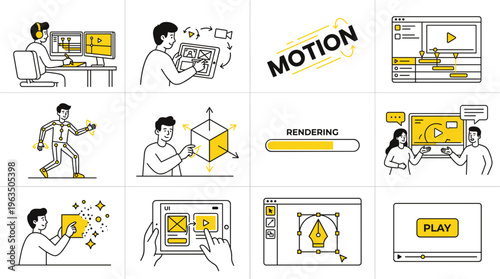 Illustrative vector set showcasing motion graphics production stages, including rendering, plugins, and timeline editing. Ideal for digital marketing, software tutorials, tech blogs, and creative work