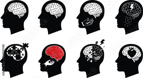Mental Health Concept Silhouette Set Featuring Brain Symbols for Depression Anxiety Stress Problem Solving and Emotional Intelligence Flat Vector Illustration