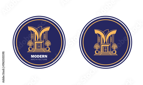 Modern Architecture Logo Design, Golden Building Icons on Dark Blue Background, Luxury Real Estate and Construction Emblem, Set of Two Circular Vector Symbols