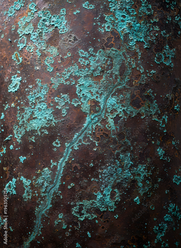 Fototapeta premium Macro Shot of Aged Copper Surface with Rich Green Verdigris Patina and Rusty Brown Oxidation Texture, Abstract Industrial Grunge Background for Design Projects.