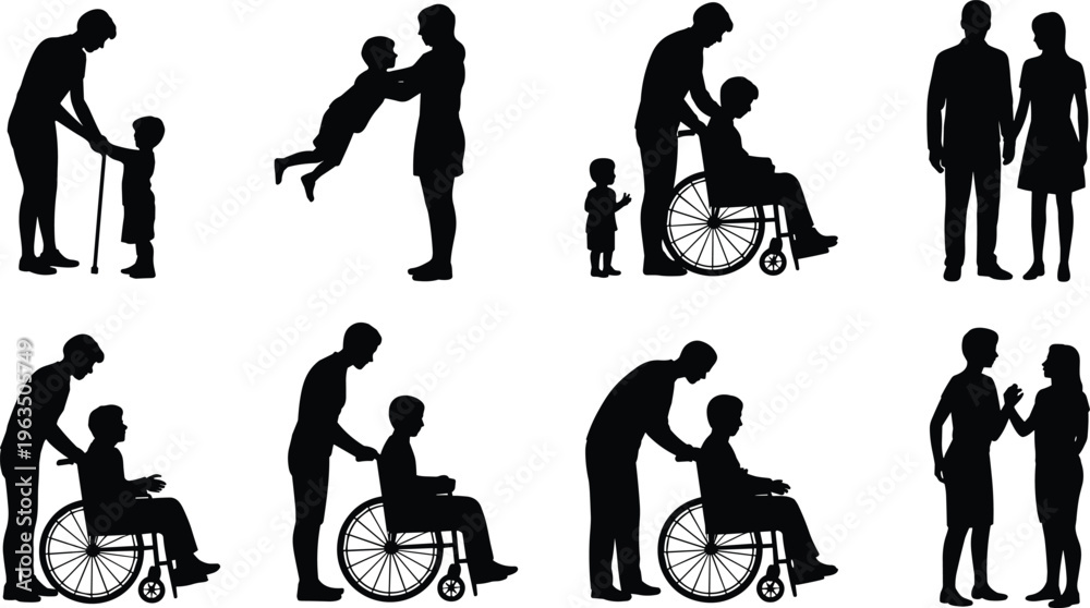 Obraz premium Family care silhouettes vector set, people helping elderly in wheelchair, parents with children, caregiving, support, love and relationship black silhouette collection illustration