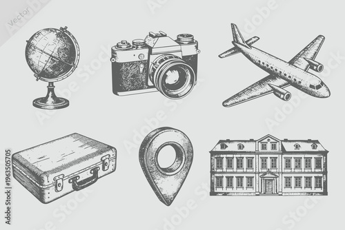 engraving style Airplane, suitcase, location, camera, globe, hotel set vector illustration. vintage sketch  travel element set for creative design.