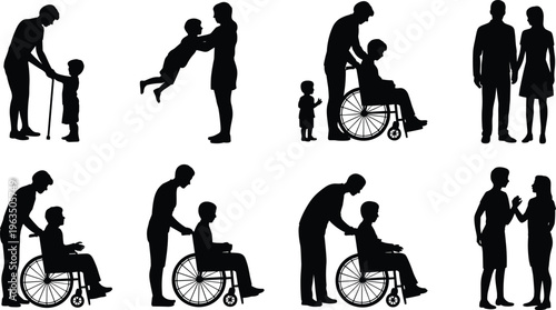 Family care silhouettes vector set, people helping elderly in wheelchair, parents with children, caregiving, support, love and relationship black silhouette collection illustration