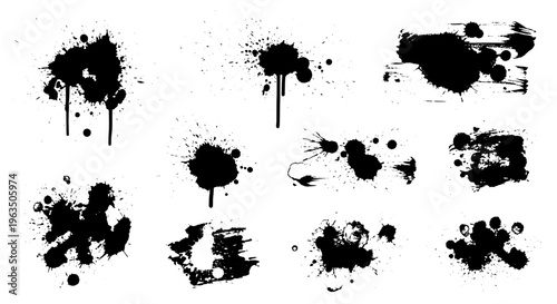 Ink blots set with black paint splatters and drips on white background featuring grunge, artistic, messy with abstract and splatter elements for