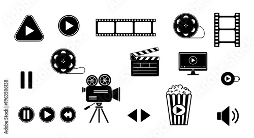 Film icons set with black vector graphics, including play buttons, film reels, and movie cameras for video production and editing.