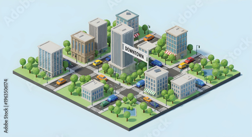Isometric downtown city map with office buildings and cars, 3D low poly urban landscape, miniature metropolitan district with street traffic and trees