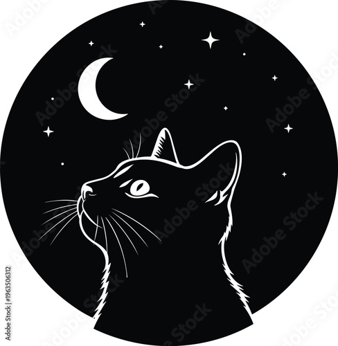 Black cat silhouette looking up at the crescent moon and stars in a night sky circular frame vector illustration design.