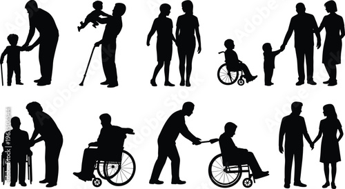 Family support silhouettes vector collection, people helping elderly in wheelchair, parents with children, caregiving, love, assistance and relationship black silhouette set illustration