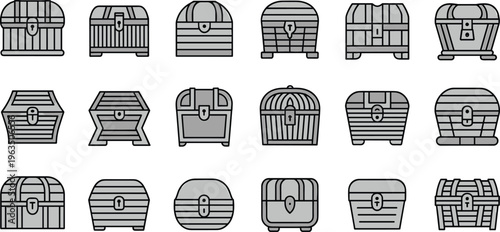 Various styles of wooden treasure chests with metal locks and handles in a monochromatic color scheme