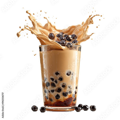 Two cups big and small Iced milk tea with boba bubble Taiwan Style on white backgrond, Isolated fresh ice sweet drink