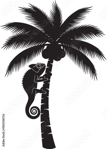 Black silhouette of a chameleon climbing a palm tree with coconuts lizard reptile des