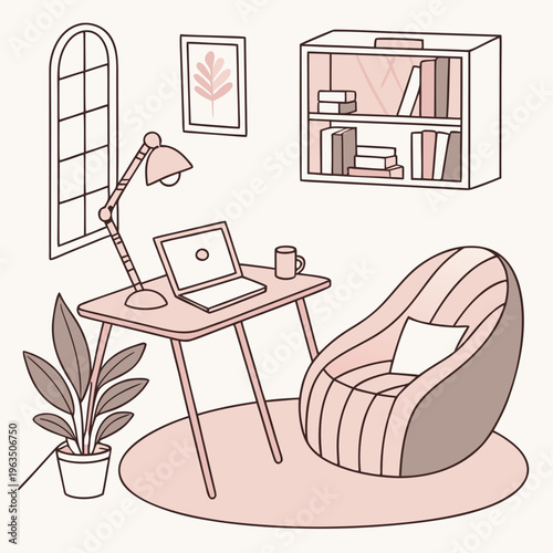 Modern home office setup with laptop, desk & cozy beanbag chair – remote workstation interior with bookshelf and potted plant, remote work, personal space, coffee mug, digital work, relaxation area