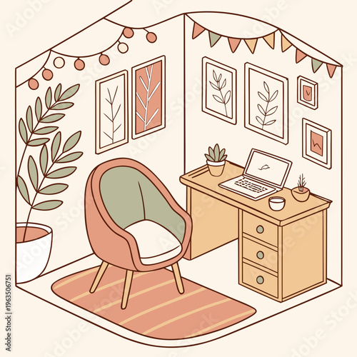 Cozy isometric home office with laptop, armchair & desk – creative workspace interior with plants, string lights & art decor, remote work, self employment, personal space, digital nomad, coffee cup