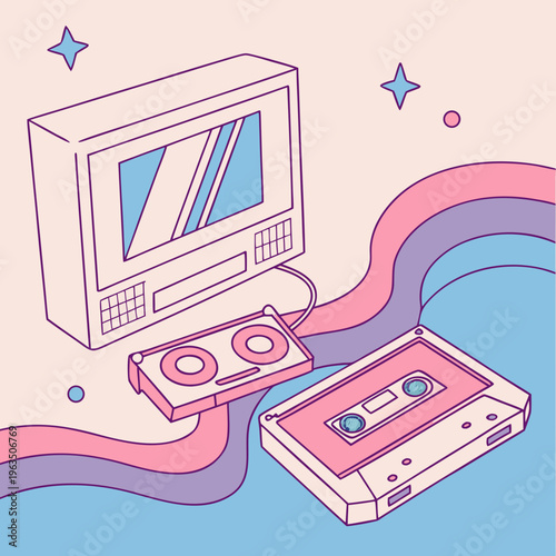 Retro 80s 90s technology illustration with isometric monitor, dual cassette player, and audio tape in pastel colors, old school, pop culture