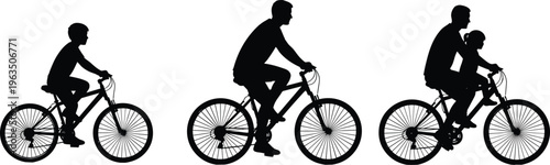 Generational cycling silhouettes, child riding bicycle, adult biking, parent with child, family lifestyle, growth stages, outdoor activity, healthy living, fitness journey, togetherness