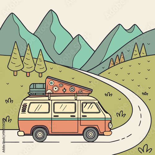 Retro camper van with pizza on roof rack driving on winding mountain road – stylized outdoor adventure and summer travel with road trip