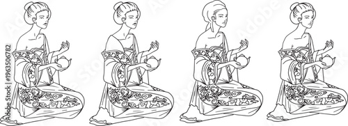 Line art illustration geisha performing tea ceremony teapot in hands. Minimalist Japanese style doodle outline coloring page, restaurant menu packaging design and social media graphic element ornament