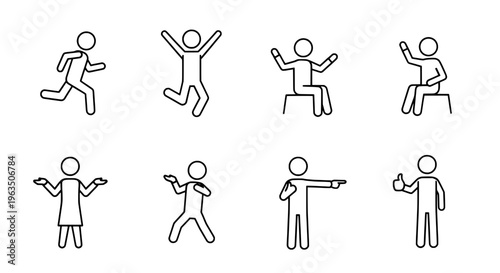 Stick figures icon set with various poses and gestures in black outline featuring line art, simple icons, graphic elements with people and minimalist