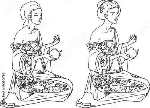Line art illustration geisha performing tea ceremony teapot in hands. Minimalist Japanese style doodle outline coloring page, restaurant menu packaging design and social media graphic element ornament