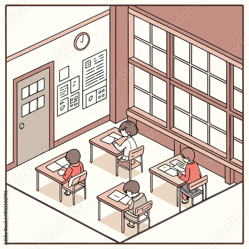 Isometric illustration of young students attending class and taking notes in a school classroom with desks and with elementary school with secondary school with student life