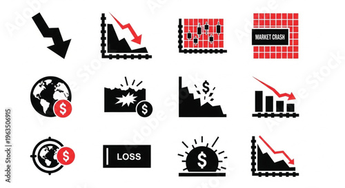 Economic crisis concept. Red digital grid with falling graph and downward arrow showing global market crash and financial decline. 3D render..eps