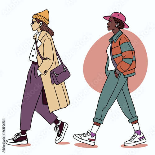 Diverse young women walking in trendy streetwear fashion styles with casual outfits and accessories - urban lifestyle and modernity with generation z with flat design with white background