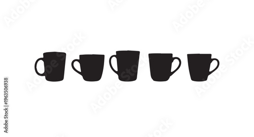 Four black coffee mugs in a row