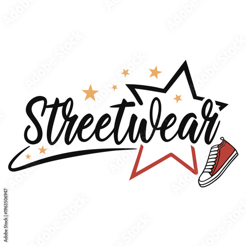 Modern streetwear logo design: handwritten text with star accents & canvas sneaker for urban apparel branding with urban fashion with apparel brand with graphic design with script font with hip hop