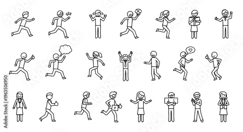 People stick figure set with various poses and actions in black outline featuring illustration, icons, running with walking and talking elements for