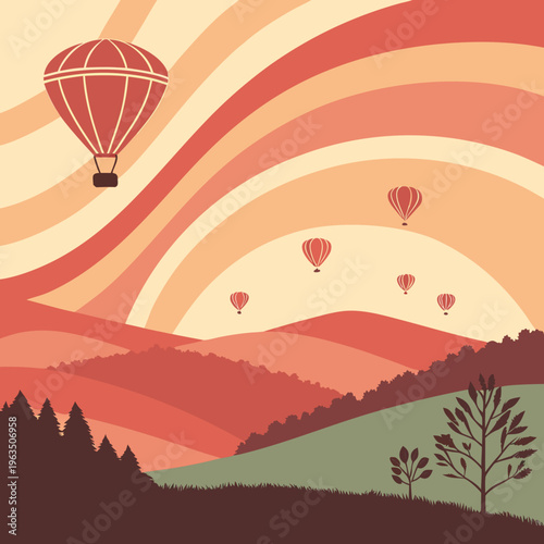 Sunset landscape illustration with hot air balloons, rolling hills, and striped sky for travel and adventure concepts, flat design