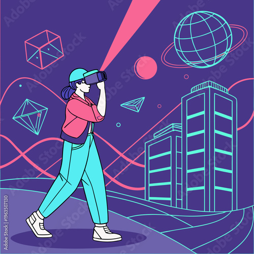 Woman exploring virtual reality metaverse world with vr headset in stylized neon outline cityscape illustration with vr headset with futuristic city with geometric shapes with digital world